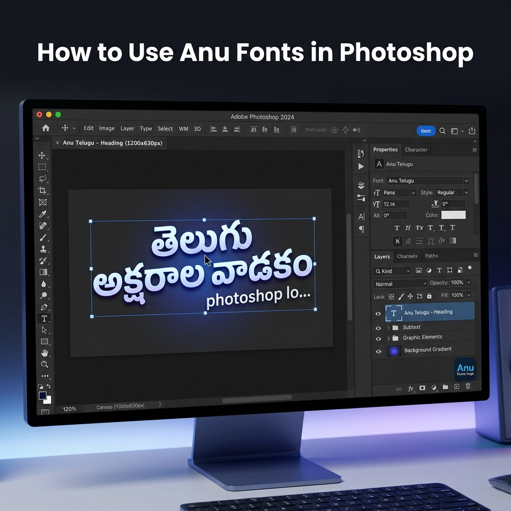 High-Resolution image of a modern Photoshop workspace with Telugu text and Anu font selected, compressed using modern WebP format for fast loading