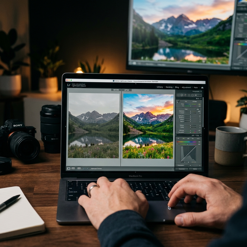 High-Resolution image of a laptop displaying a vibrant landscape photo in Photoshop editing software, showing color correction sliders. Optimized for fast loading.