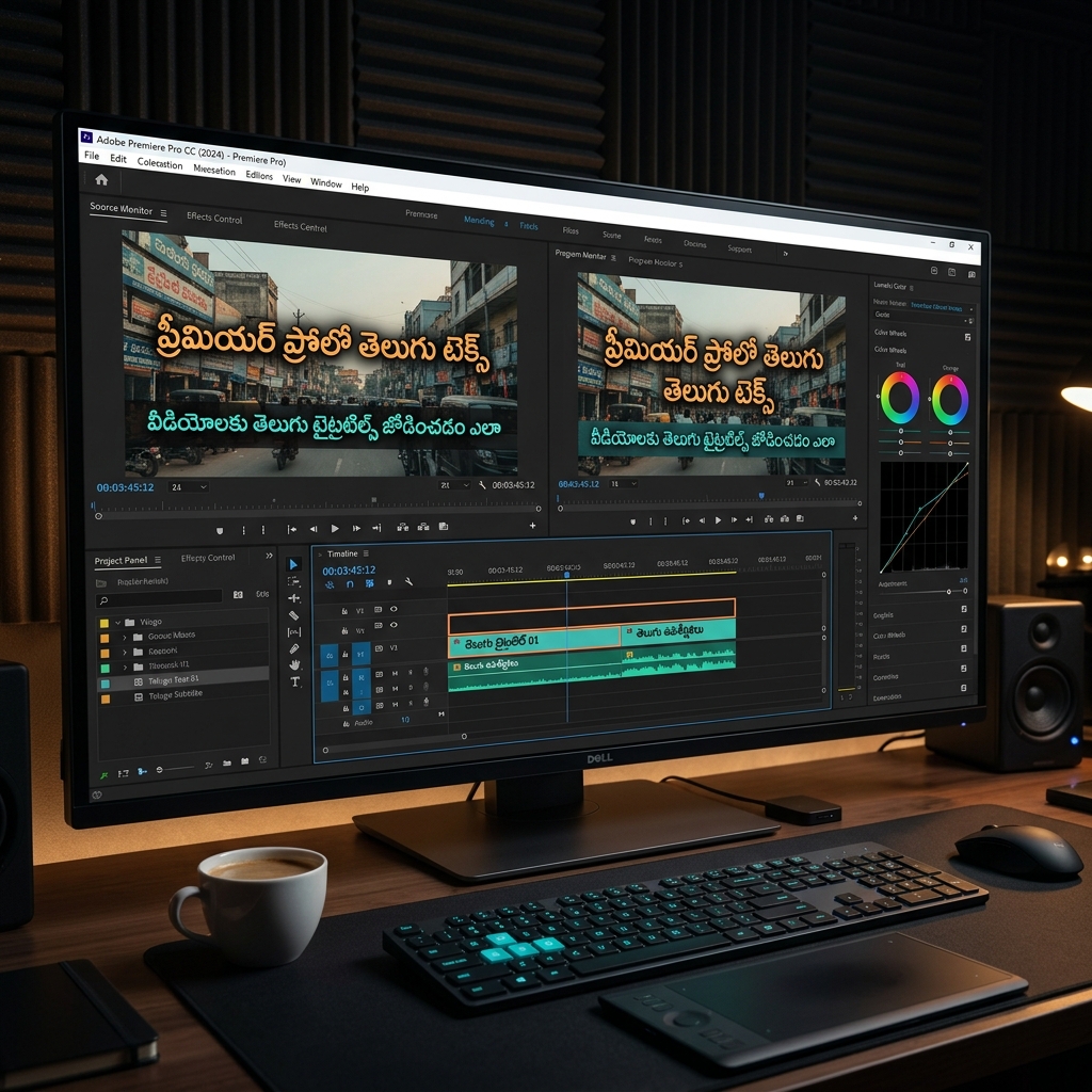 High-Resolution image of Adobe Premiere Pro workspace showing a timeline with cinematic Telugu text overlay on a video clip. Optimized via WebP for fast performance.